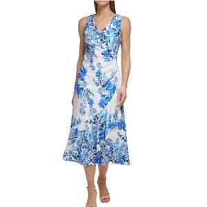 NWT Women’s Eliza J Blue and White Sleeveless V-Neck Floral Midi Dress